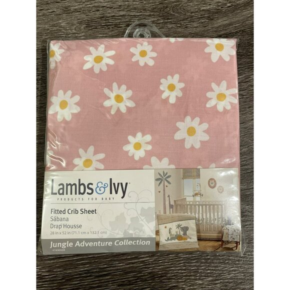Lambs & Ivy Fitted Crib Sheet Pink Daisy Print Jungle Adventure Collection NEW - Picture 1 of 2